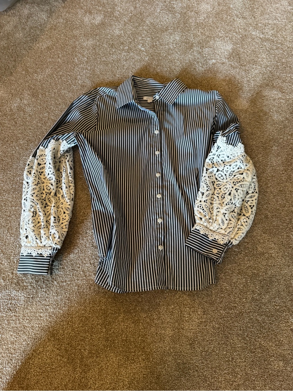 Chico's Black and White Striped Button-Down Shirt with Lace Sleeve Details Sz M